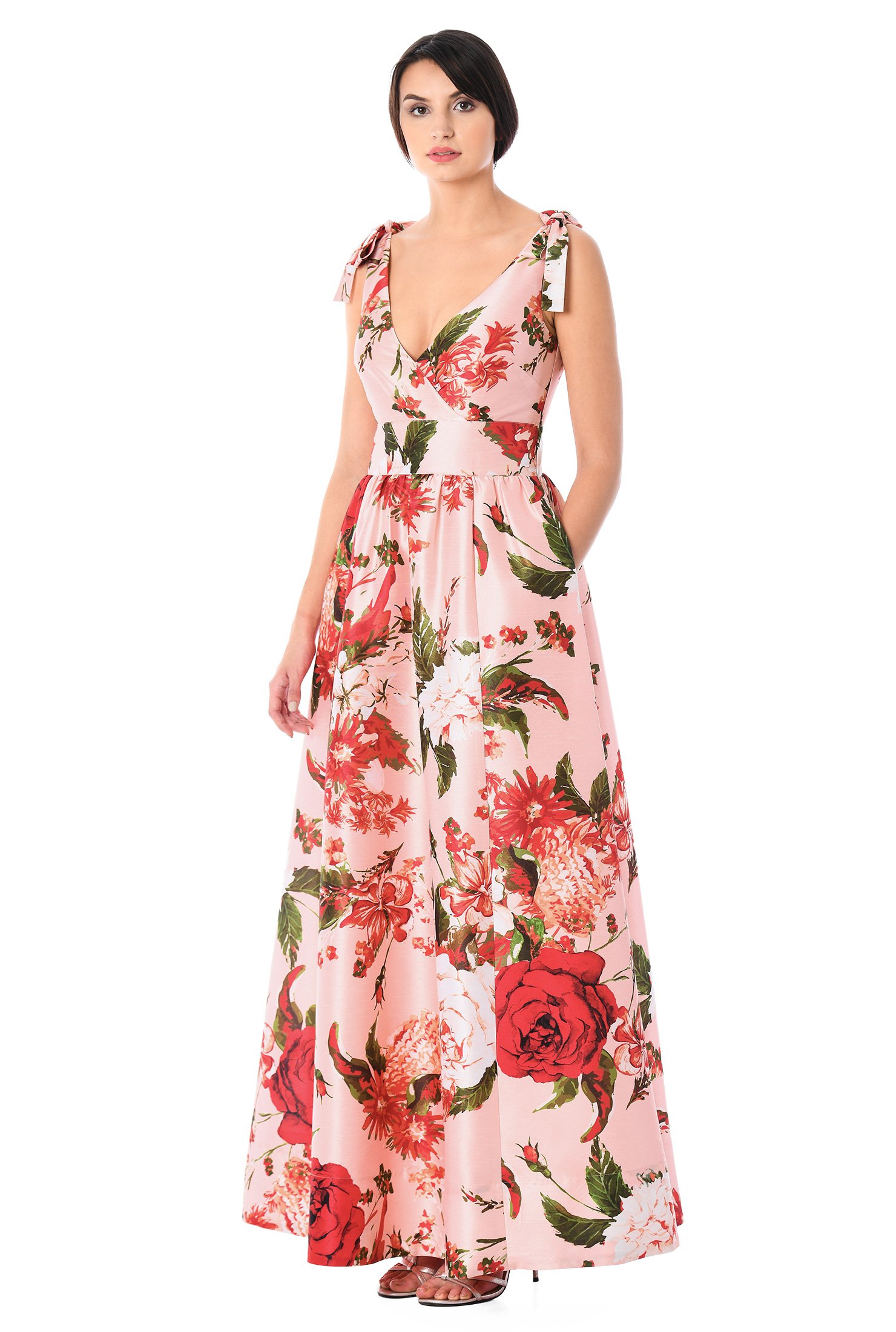 Shop Shoulder ties surplice floral print dupioni maxi dress | eShakti