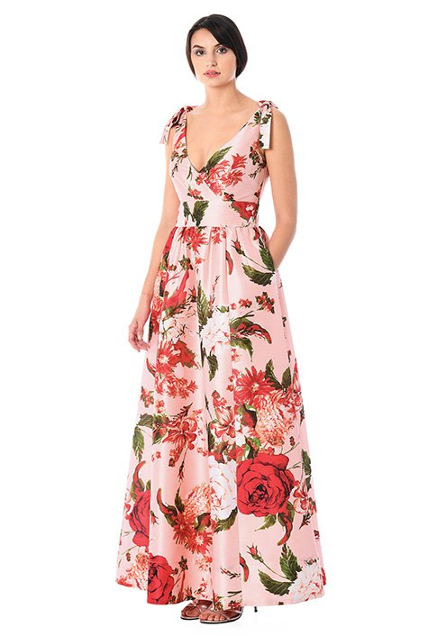 Our floral print polydupioni maxi dress is designed to flatter and enhance with an angled pleat bodice, banded empire waist and ruched pleat full skirt.