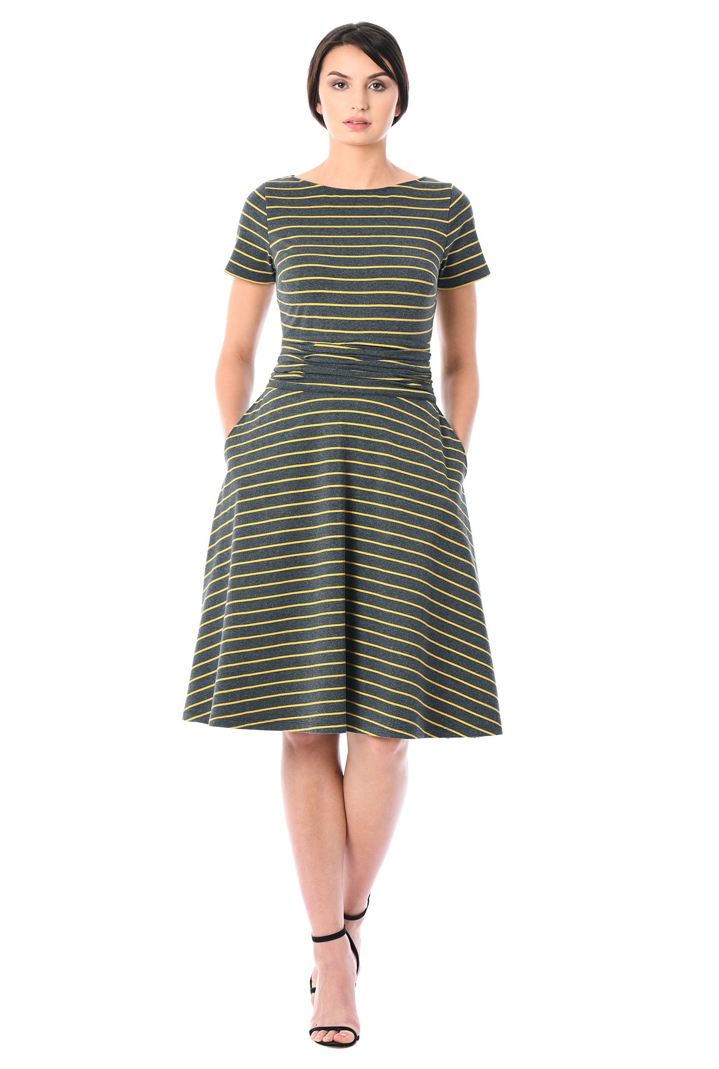 Shop Pleat waist stripe cotton knit dress | eShakti