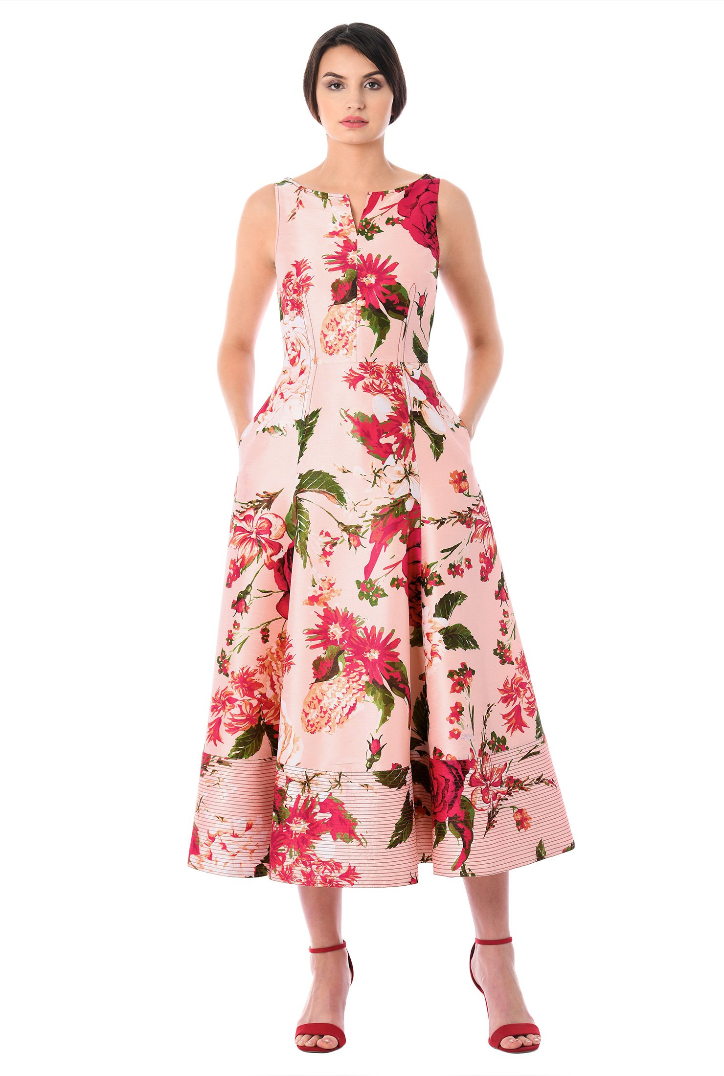 Shop Trapunto hem tropical floral print dupioni midi dress | eShakti