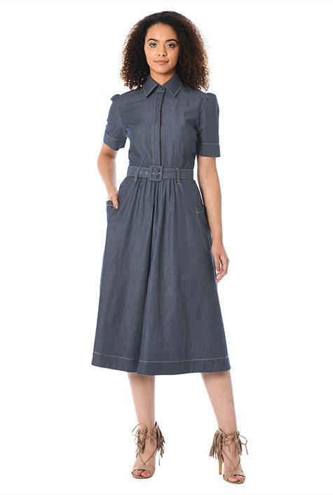 Shop Cotton chambray belted midi shirtdress | eShakti