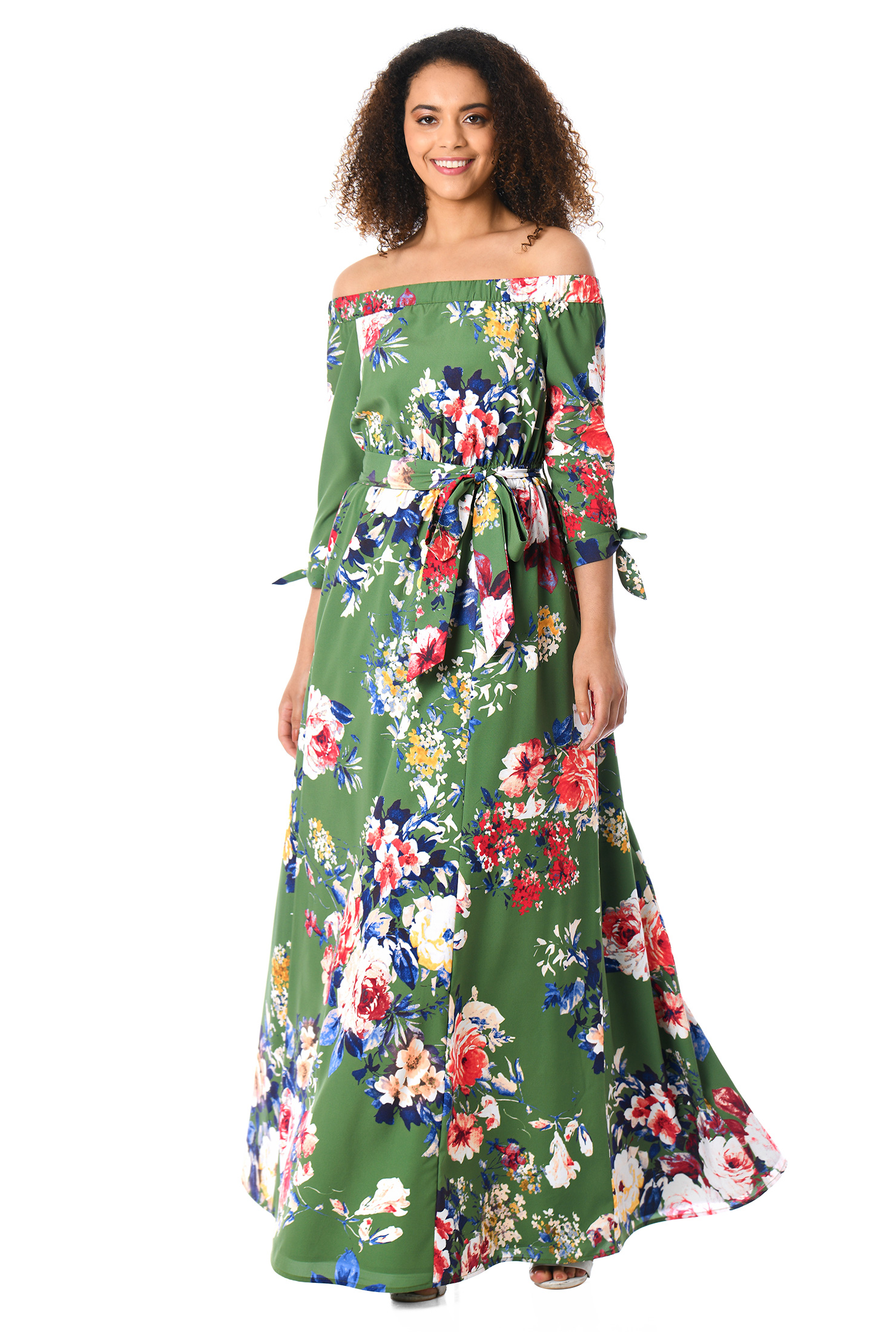 Shop Off-the-shoulder rose print crepe maxi dress | eShakti