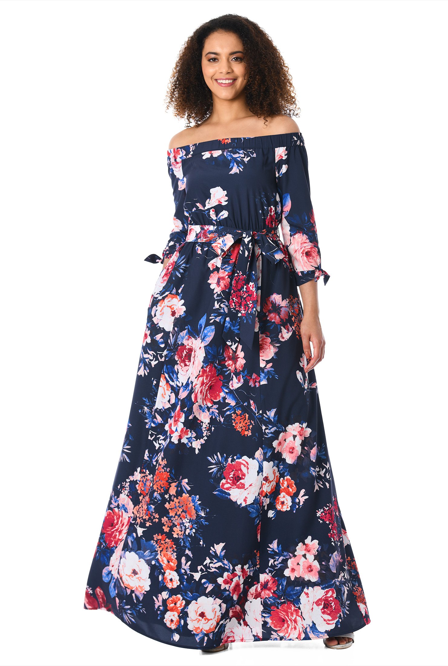 Shop Off-the-shoulder rose print crepe maxi dress | eShakti