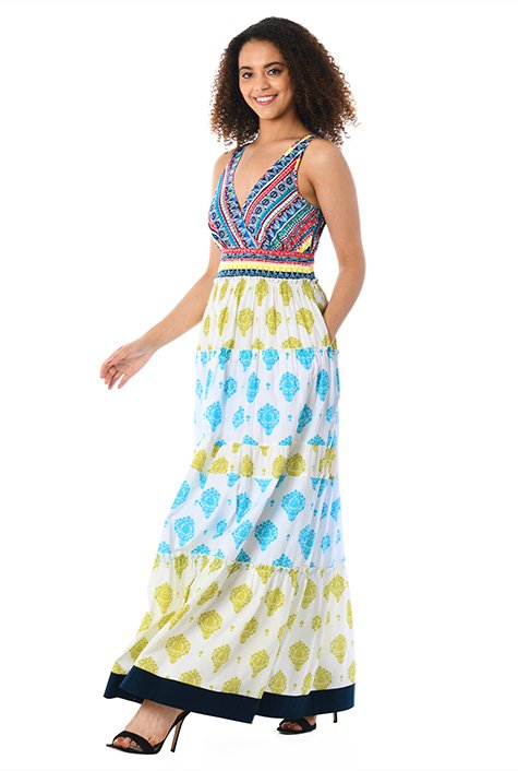 Shop Elastic waist tiered mixed print maxi dress | eShakti