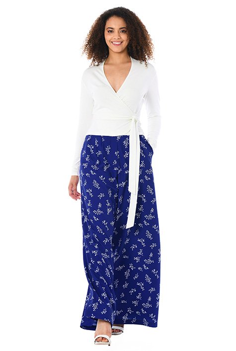 Cotton knit wrap top and floral print crepe palazzo pants