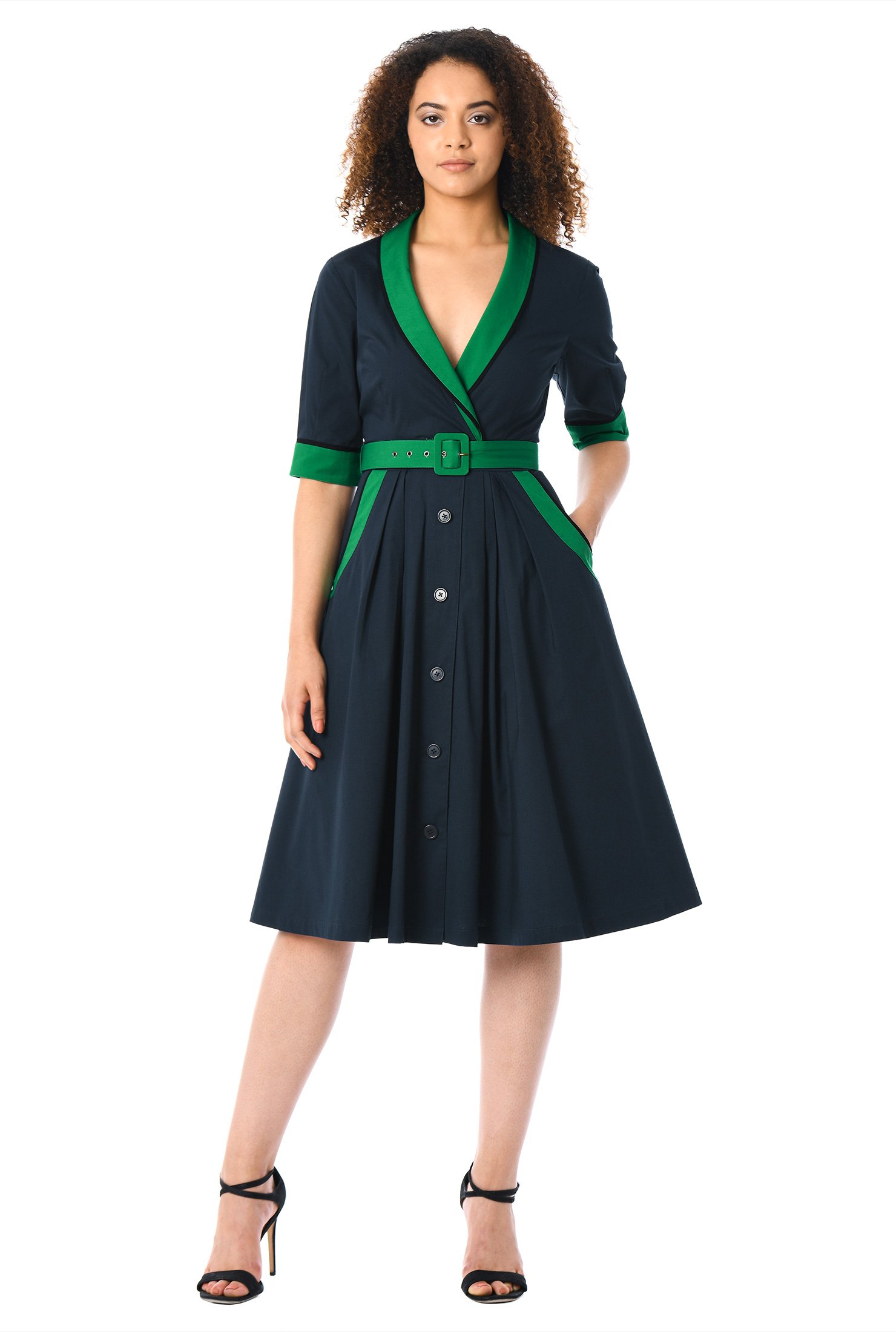 Shop Contrast trim cotton poplin belted dress eShakti