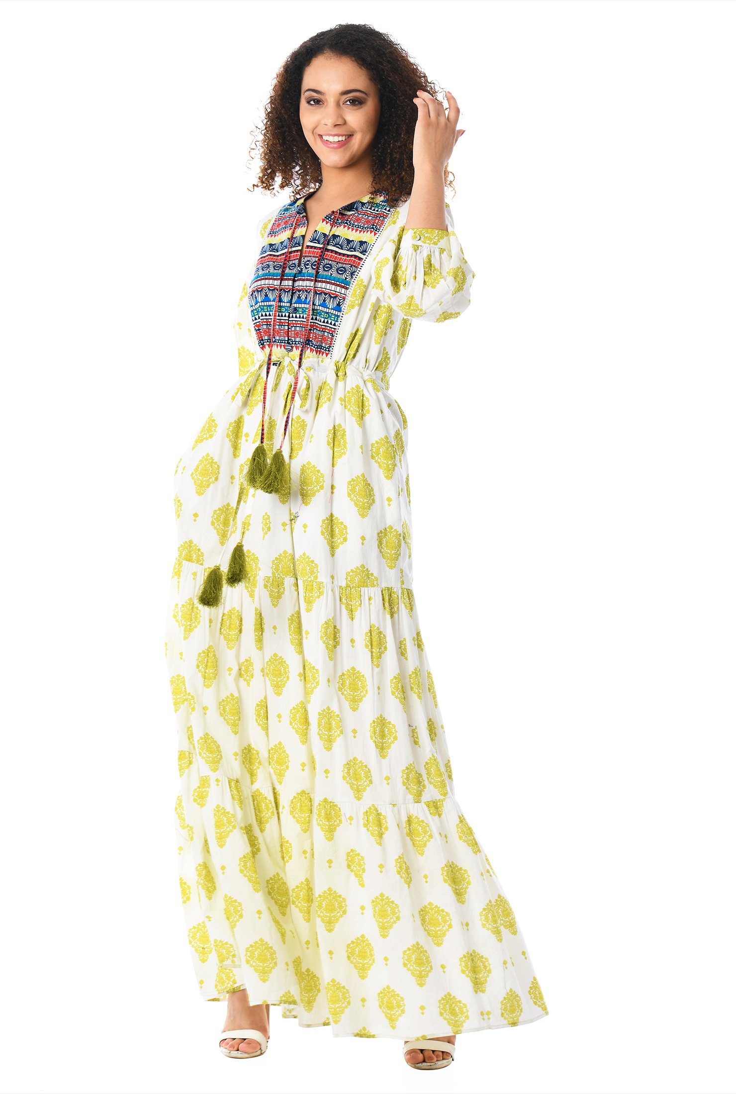 Shop Drawstring waist tiered mixed print maxi dress | eShakti