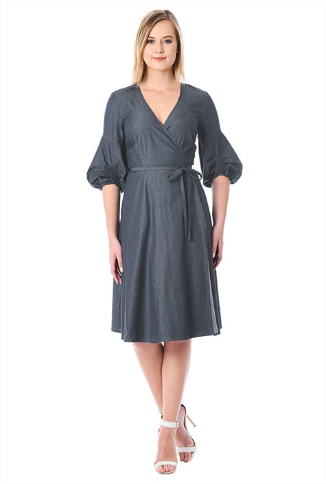 Shop Ruched bell sleeve cotton chambray wrap dress | eShakti