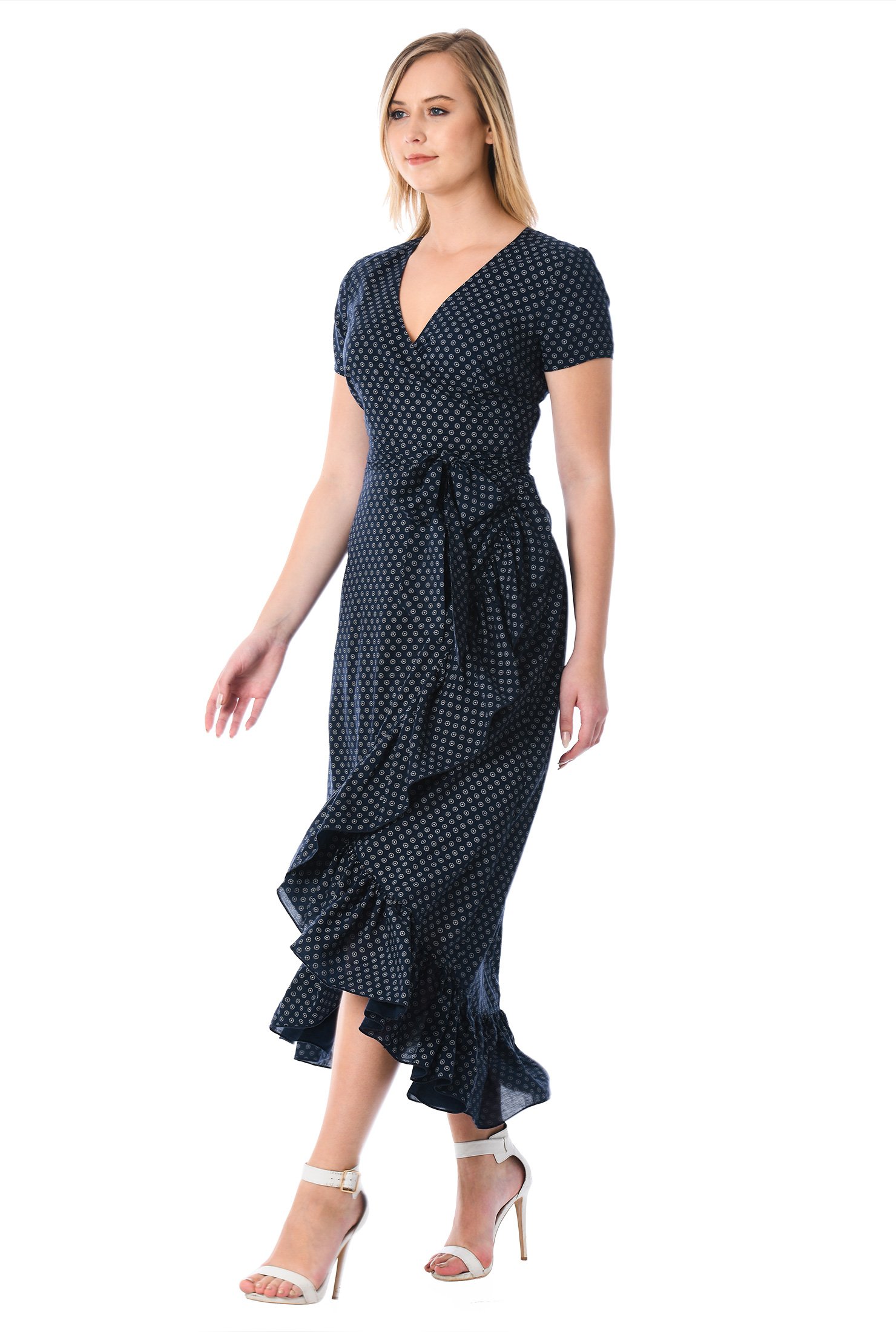 Shop Ruffle floral dot print cotton wrap dress | eShakti
