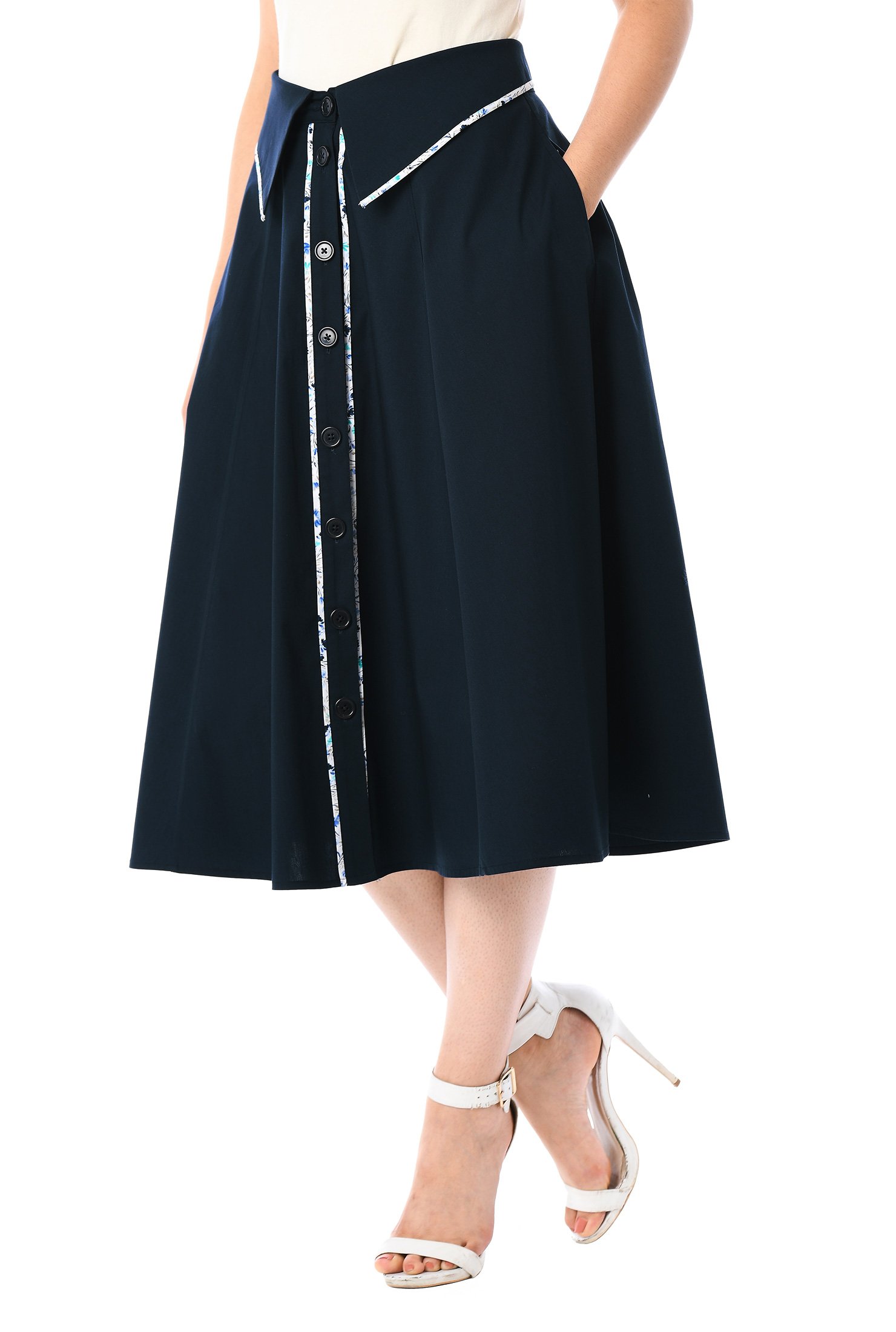 Shop Floral print piped trim cotton poplin skirt | eShakti