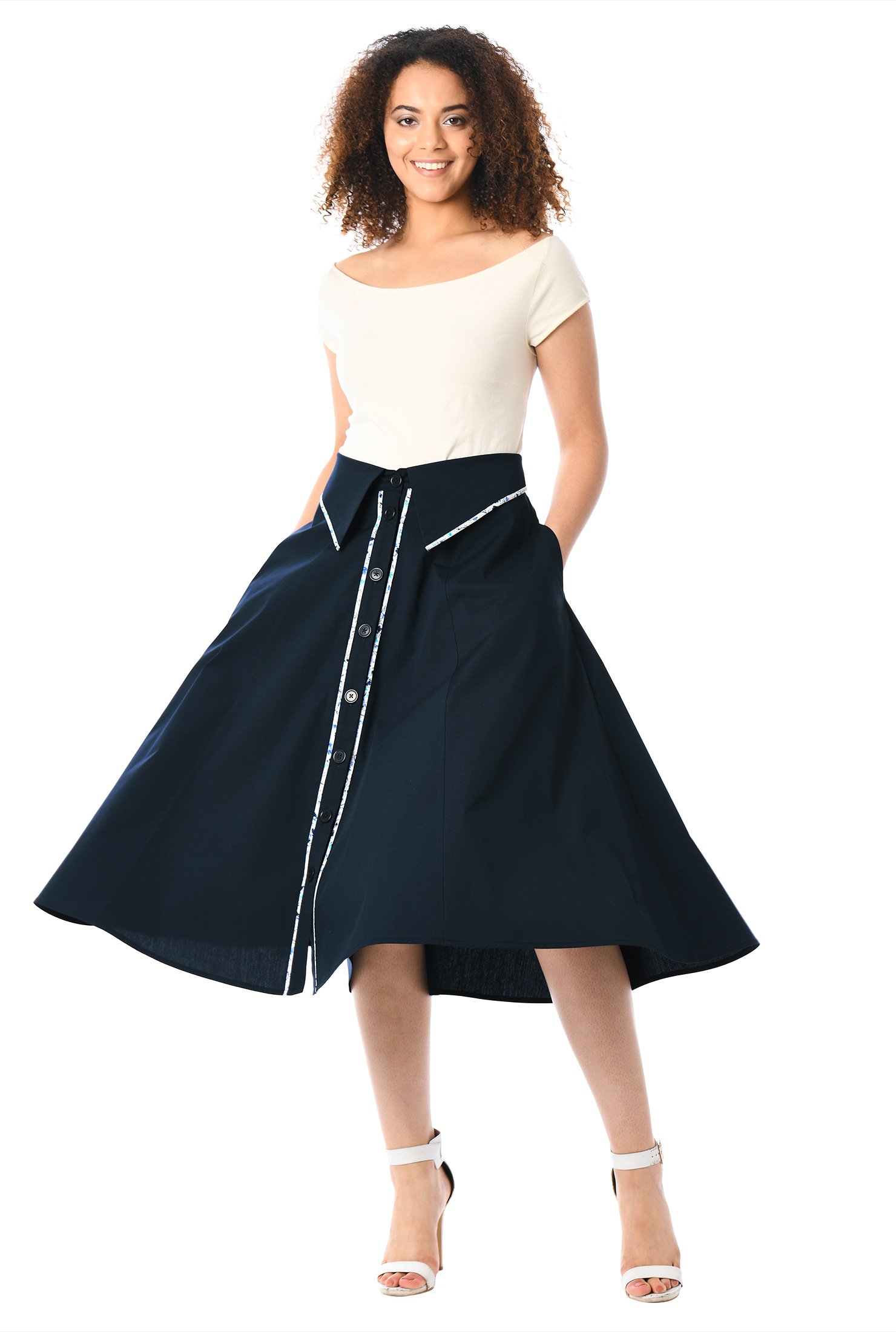 Shop Floral print piped trim cotton poplin skirt | eShakti