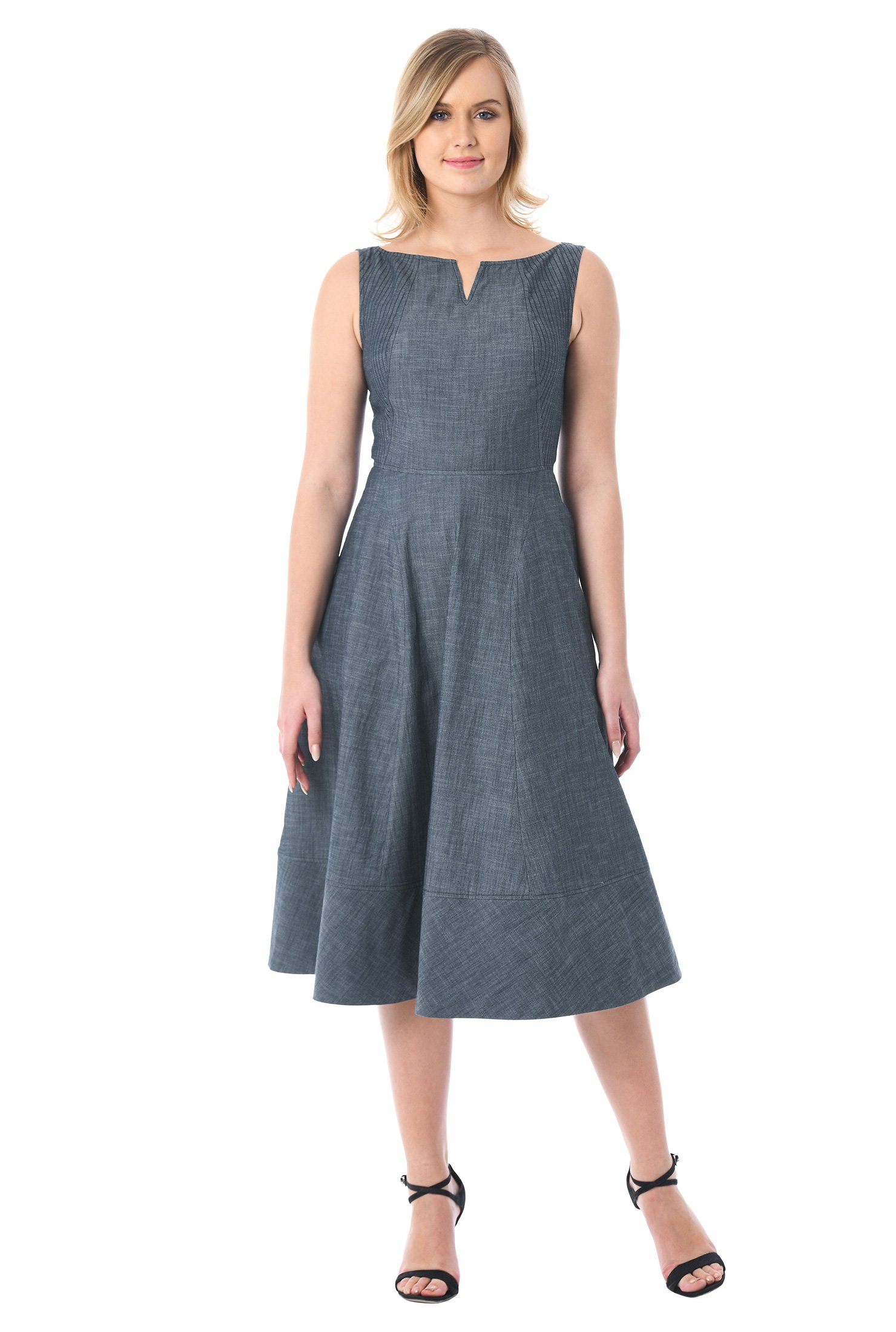 Shop Trapunto trim cotton chambray dress | eShakti