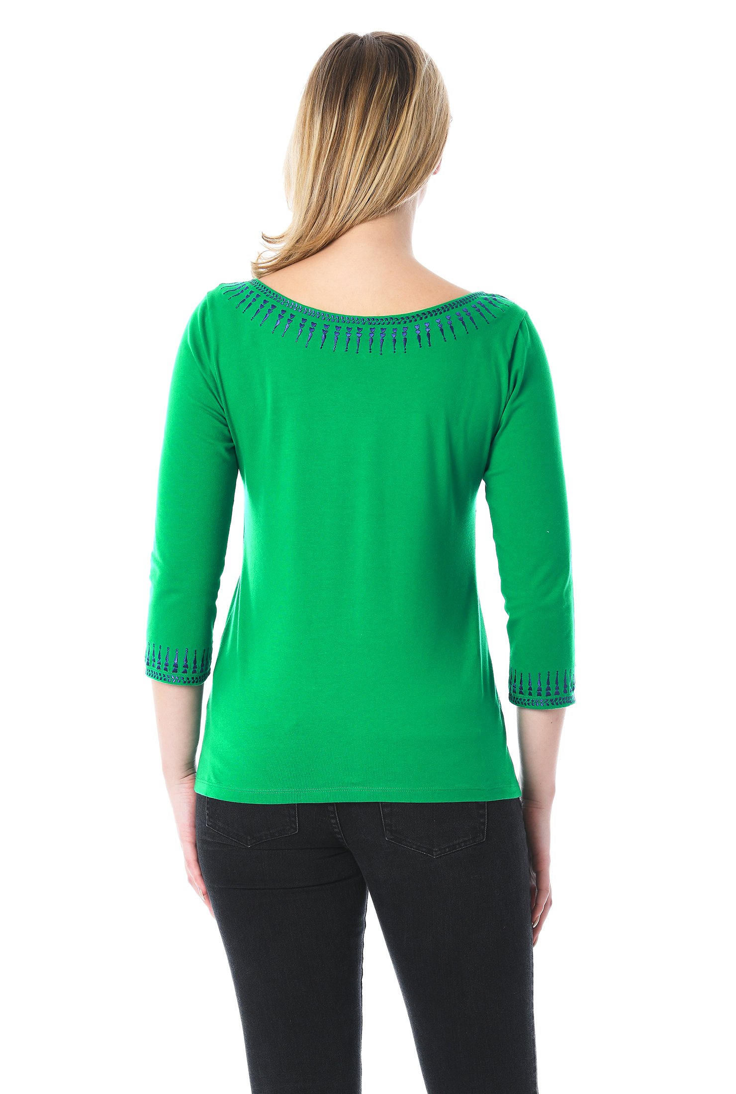 Shop Embellished split neck cotton knit top | eShakti