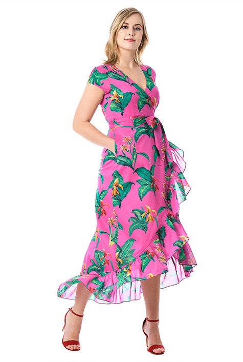 Ruffle tropical print cotton voile wrap dress