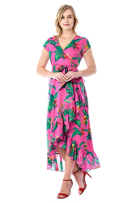 Ruffle tropical print cotton voile wrap dress