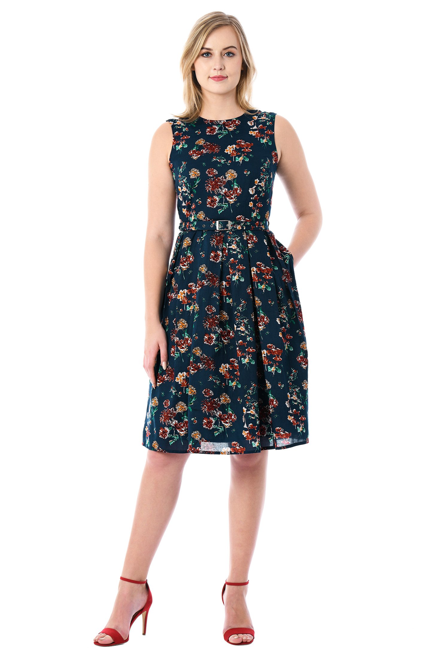 Shop Floral print cotton belted dress | eShakti