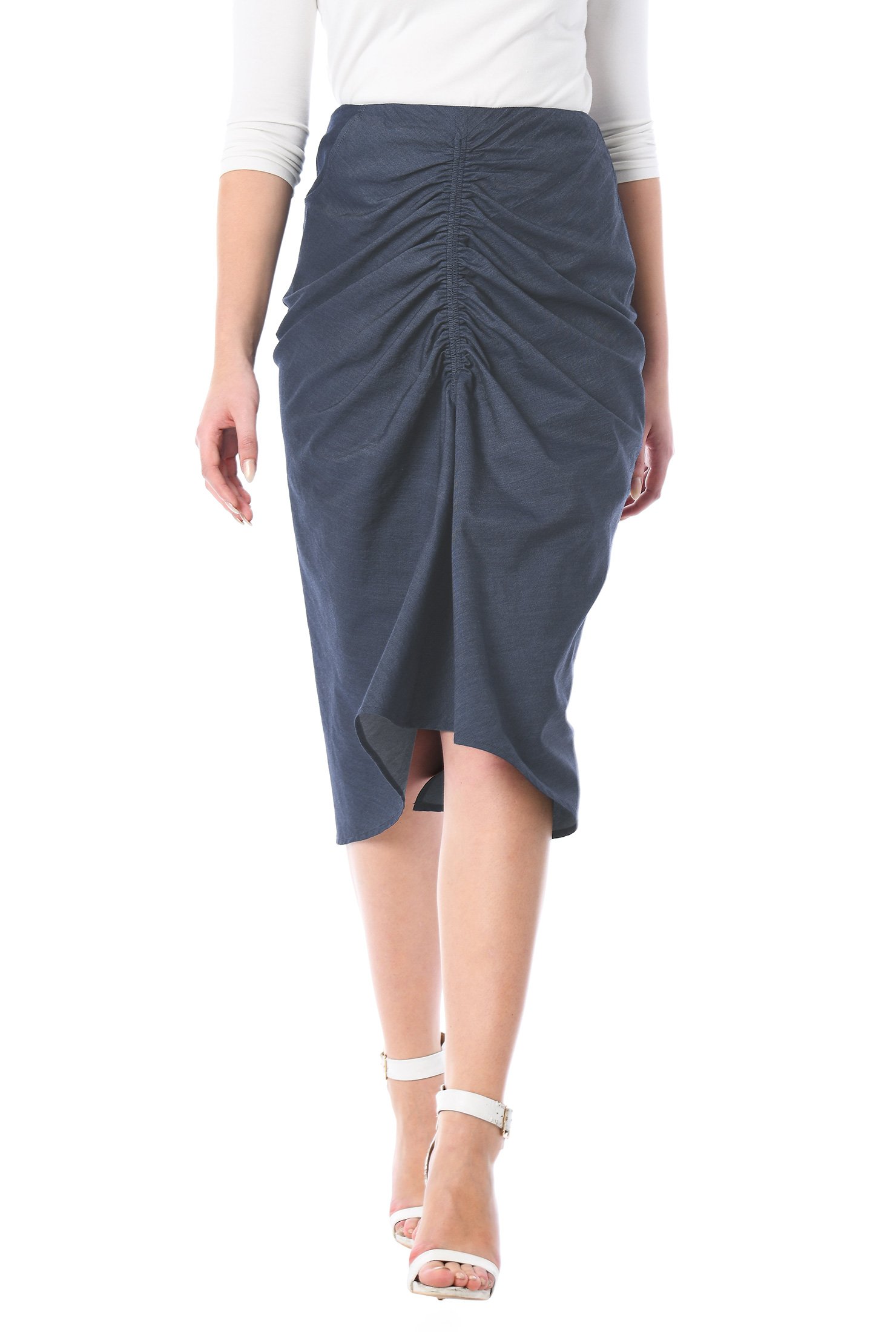 Shop Elastic ruched front cotton chambray skirt | eShakti