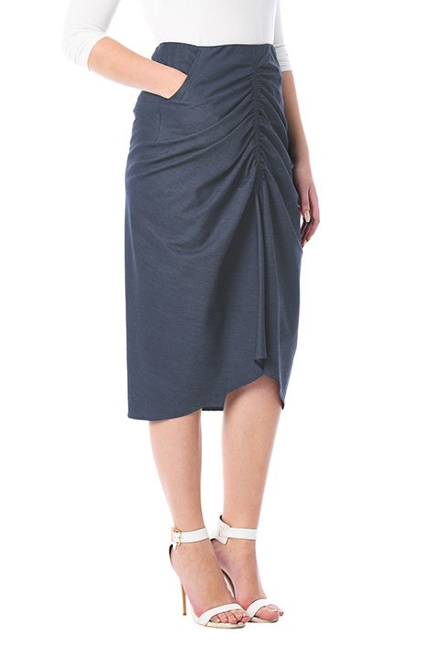 Shop Elastic ruched front cotton chambray skirt | eShakti