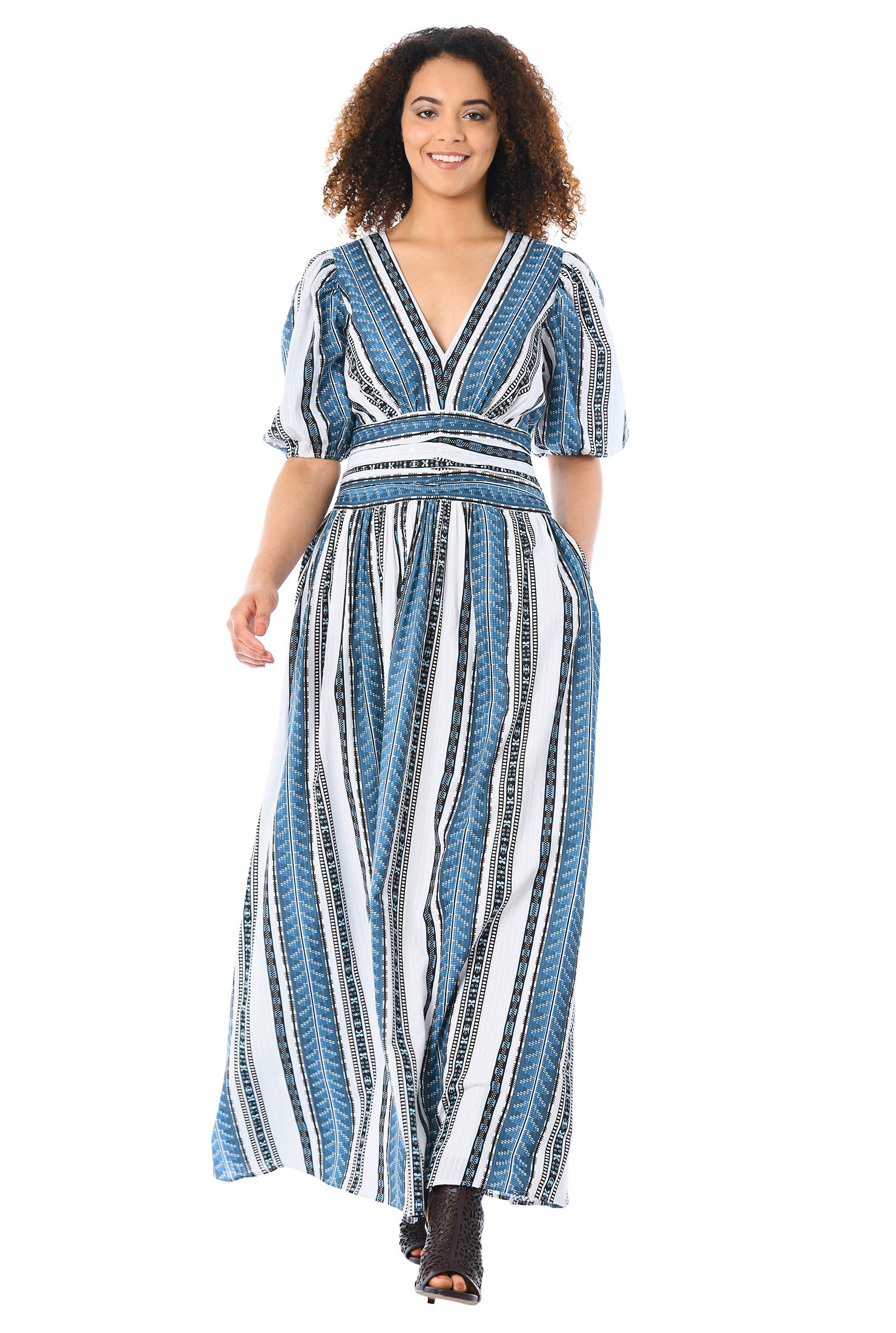 Shop Stripe print pleat waist cotton maxi dress | eShakti