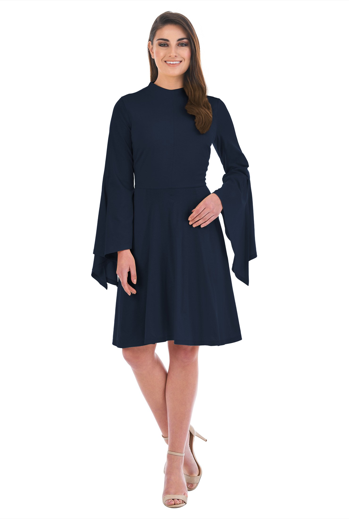 Shop Asymmetric bell sleeve cotton knit dress eShakti