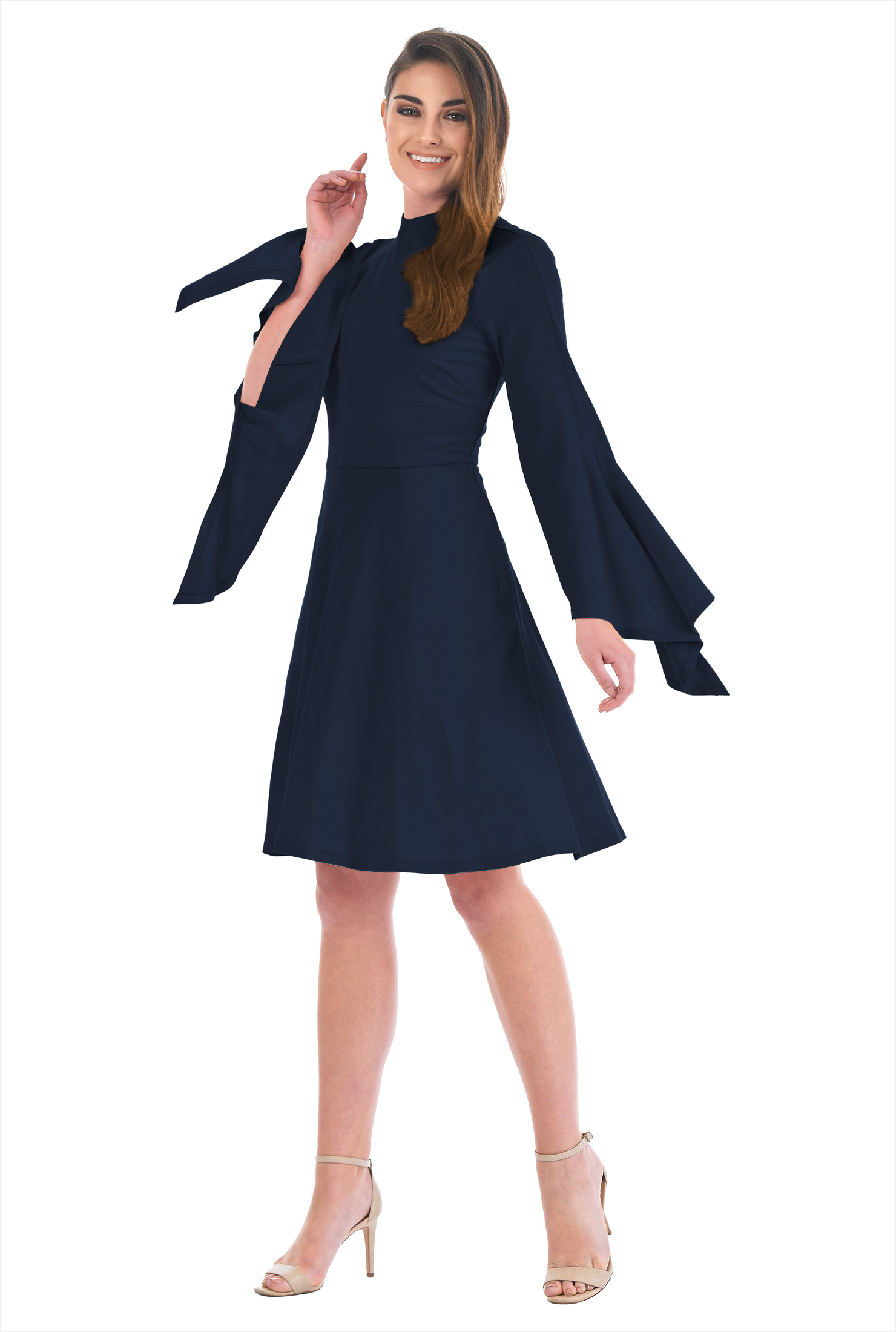 Shop Asymmetric bell sleeve cotton knit dress eShakti