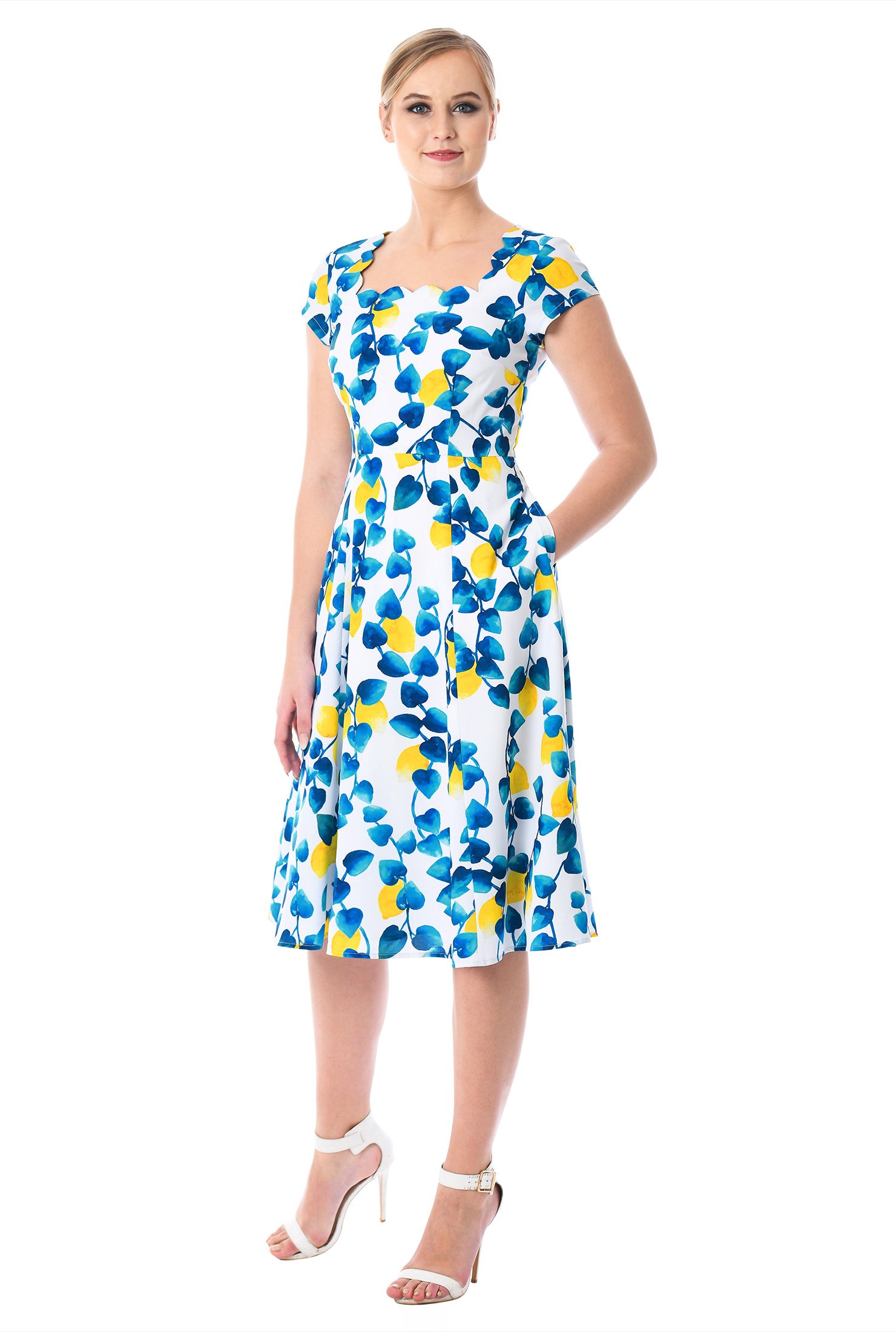 Shop Scallop neck lemon print crepe dress | eShakti