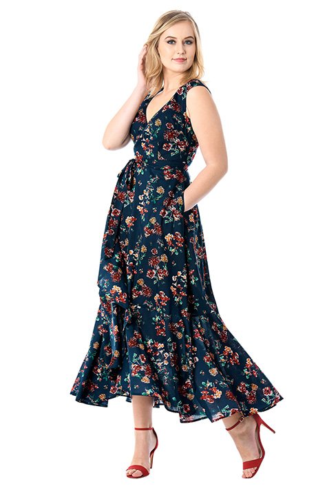 Shop Floral print cotton wrap maxi dress | eShakti