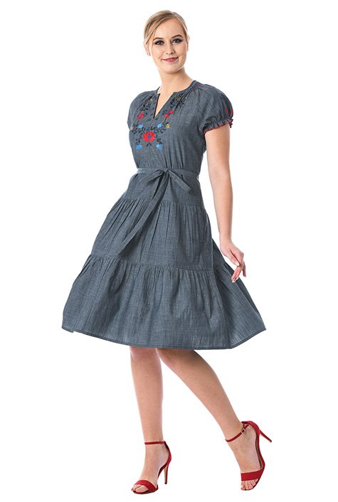 Shop Floral Embellished Cotton Chambray Tier Dress | EShakti