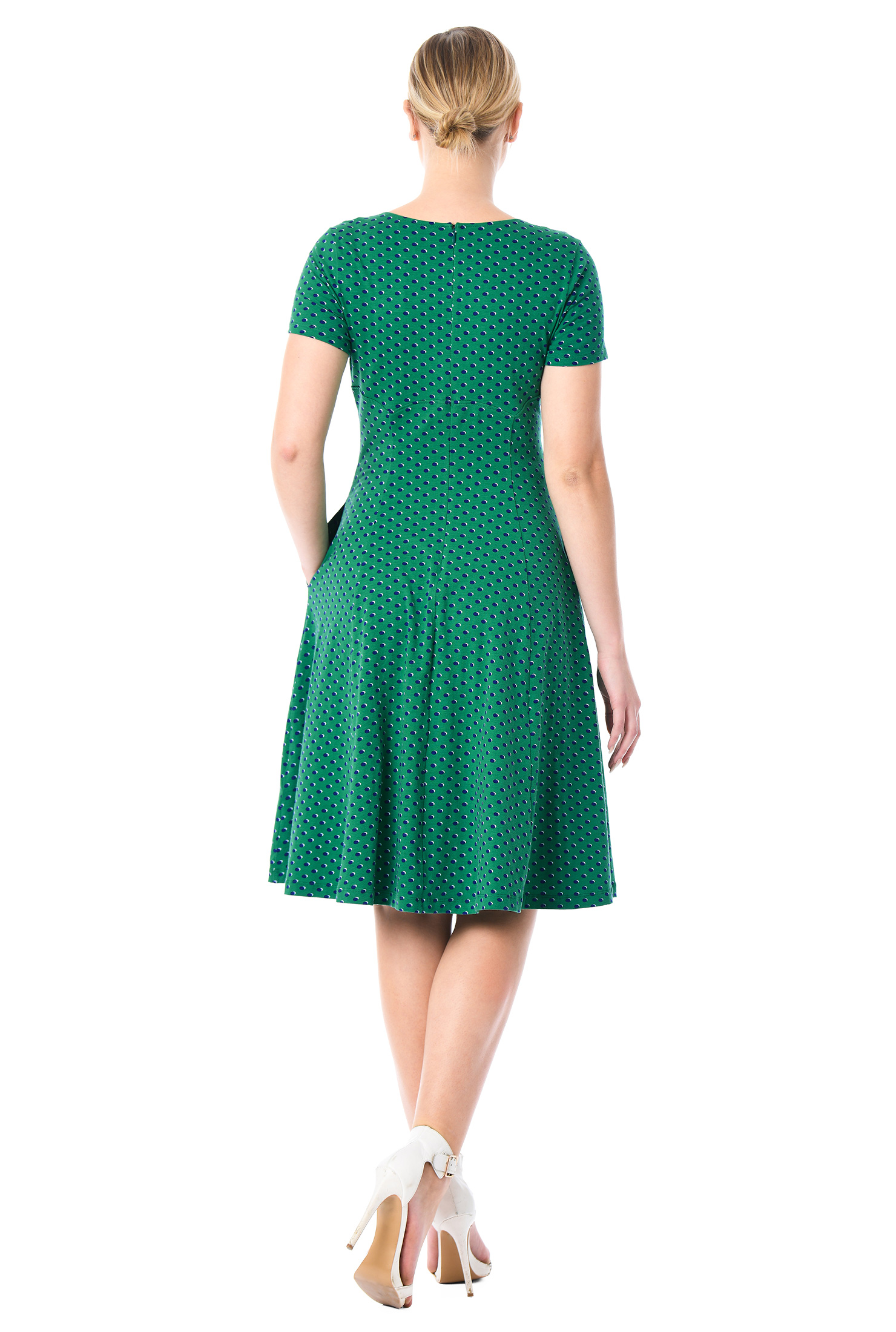 Shop Ruched bodice polka dot cotton knit dress eShakti