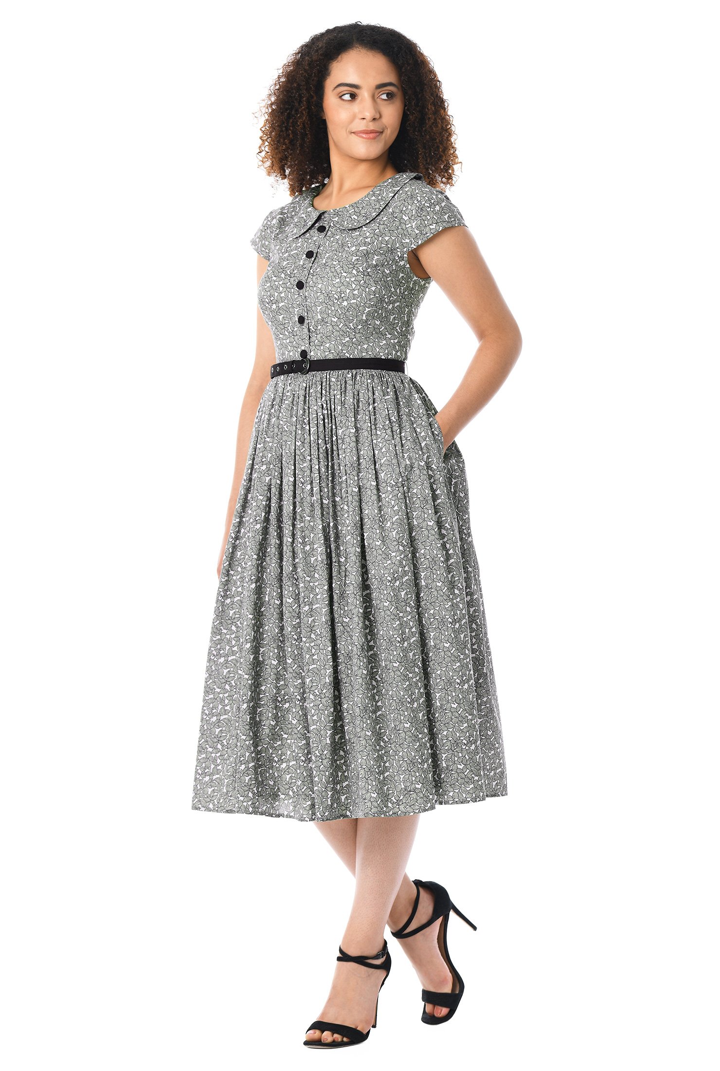 Shop Peter Pan collar ditsy floral print cotton belted dress | eShakti