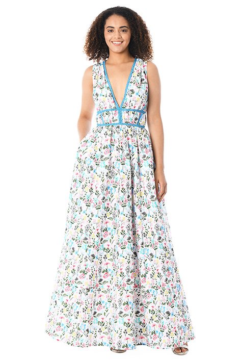 Shop Lace trim plunge floral print cotton maxi dress | eShakti