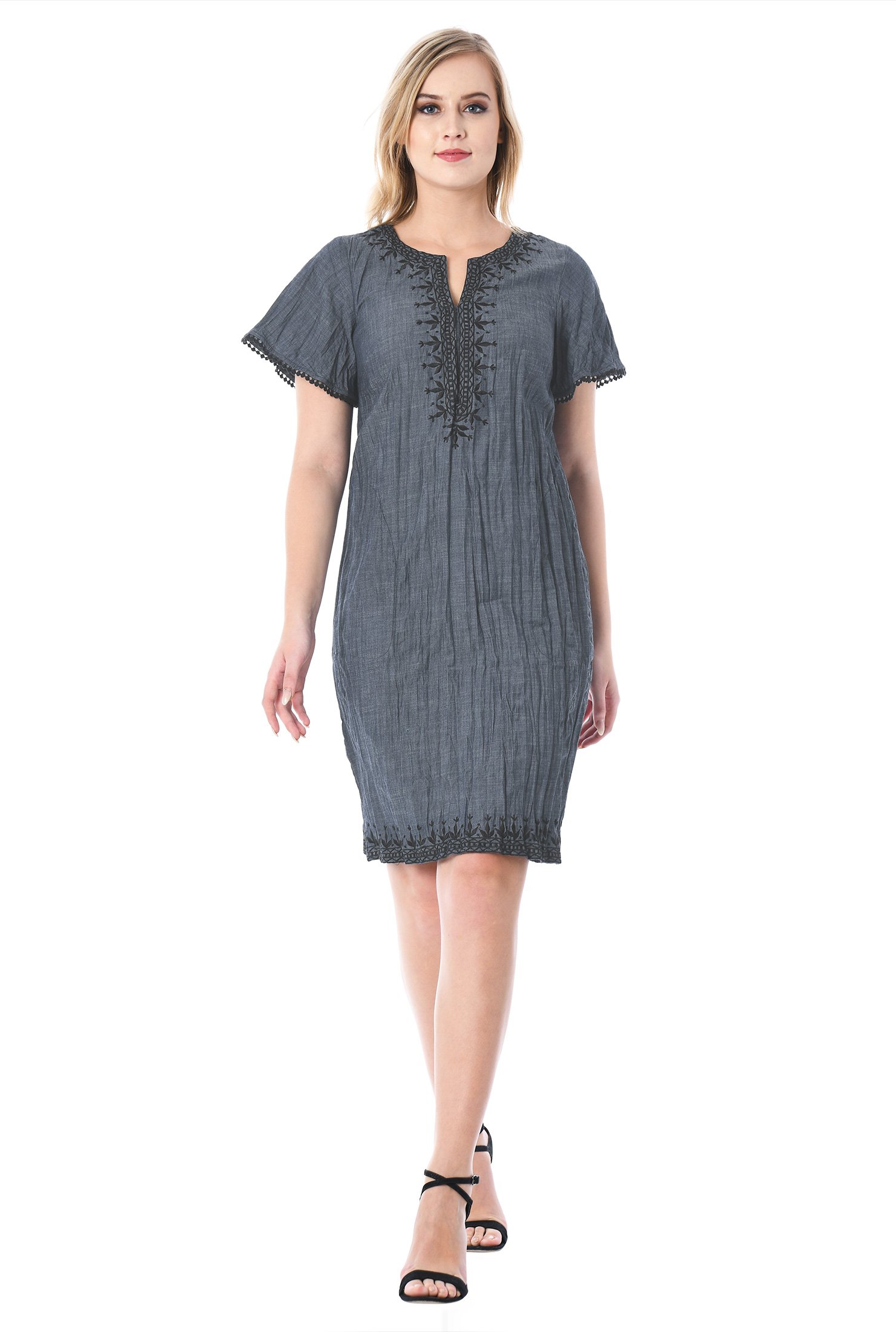 Shop Graphic embellished cotton chambray shift dress | eShakti