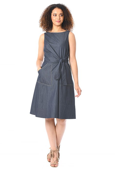 Shop Side ties cotton chambray dress | eShakti