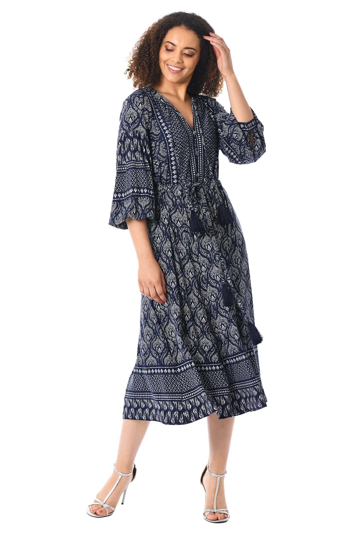 Shop Tile print ruched sleeve cotton knit dress | eShakti