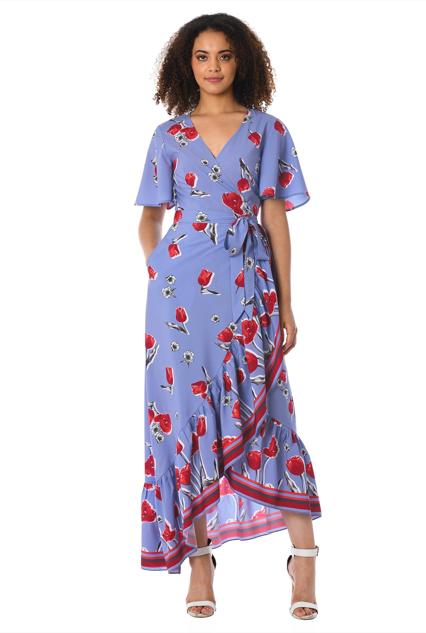 Shop Ruffle tulip print crepe wrap dress | eShakti