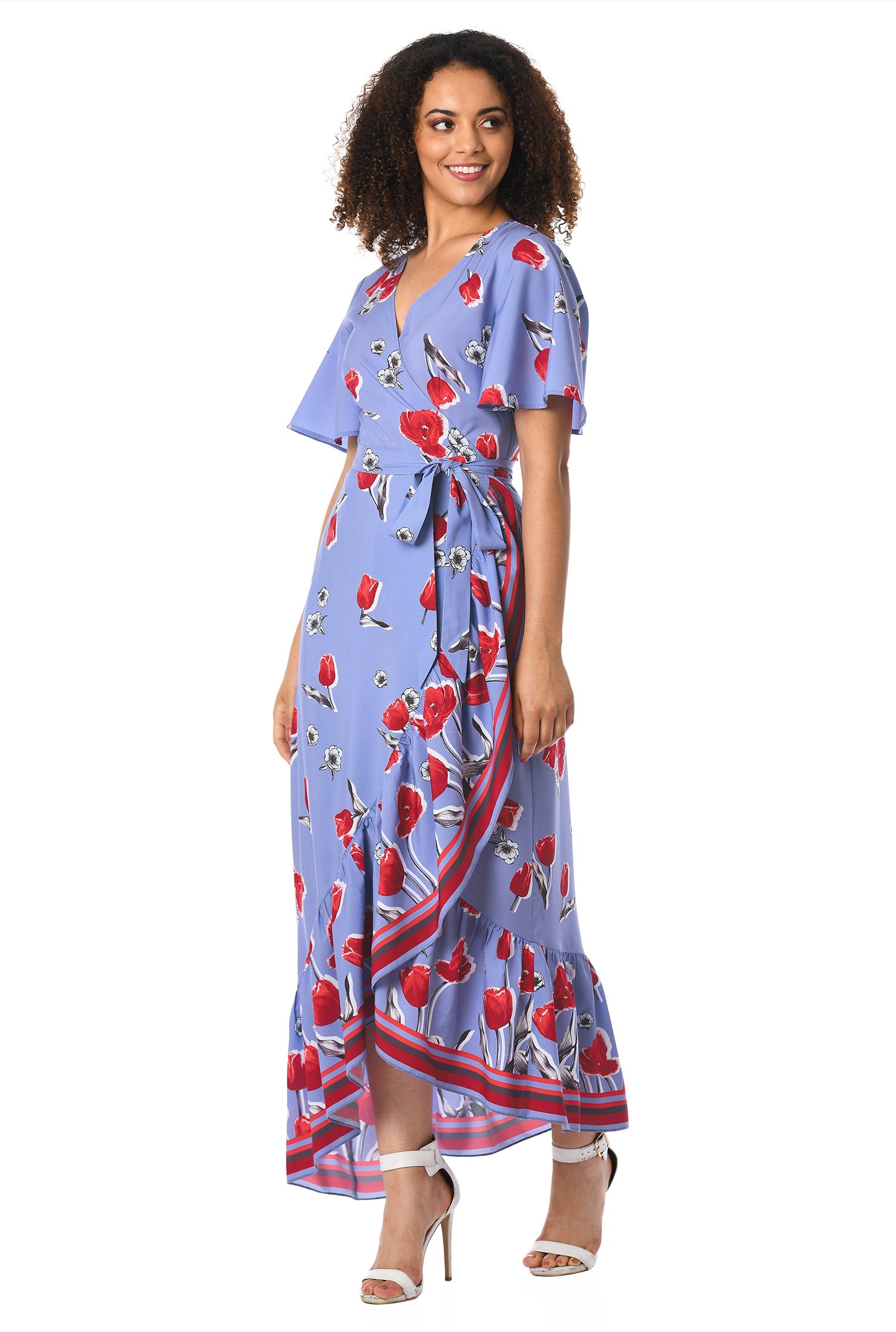 Shop Ruffle tulip print crepe wrap dress | eShakti