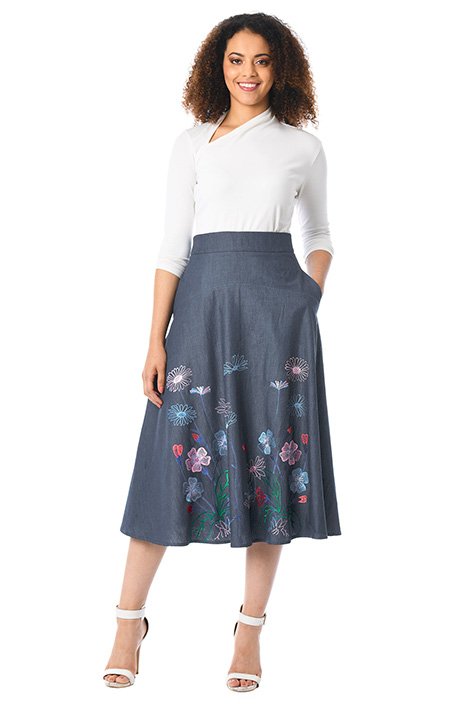 Shop Floral embellished cotton chambray skirt | eShakti