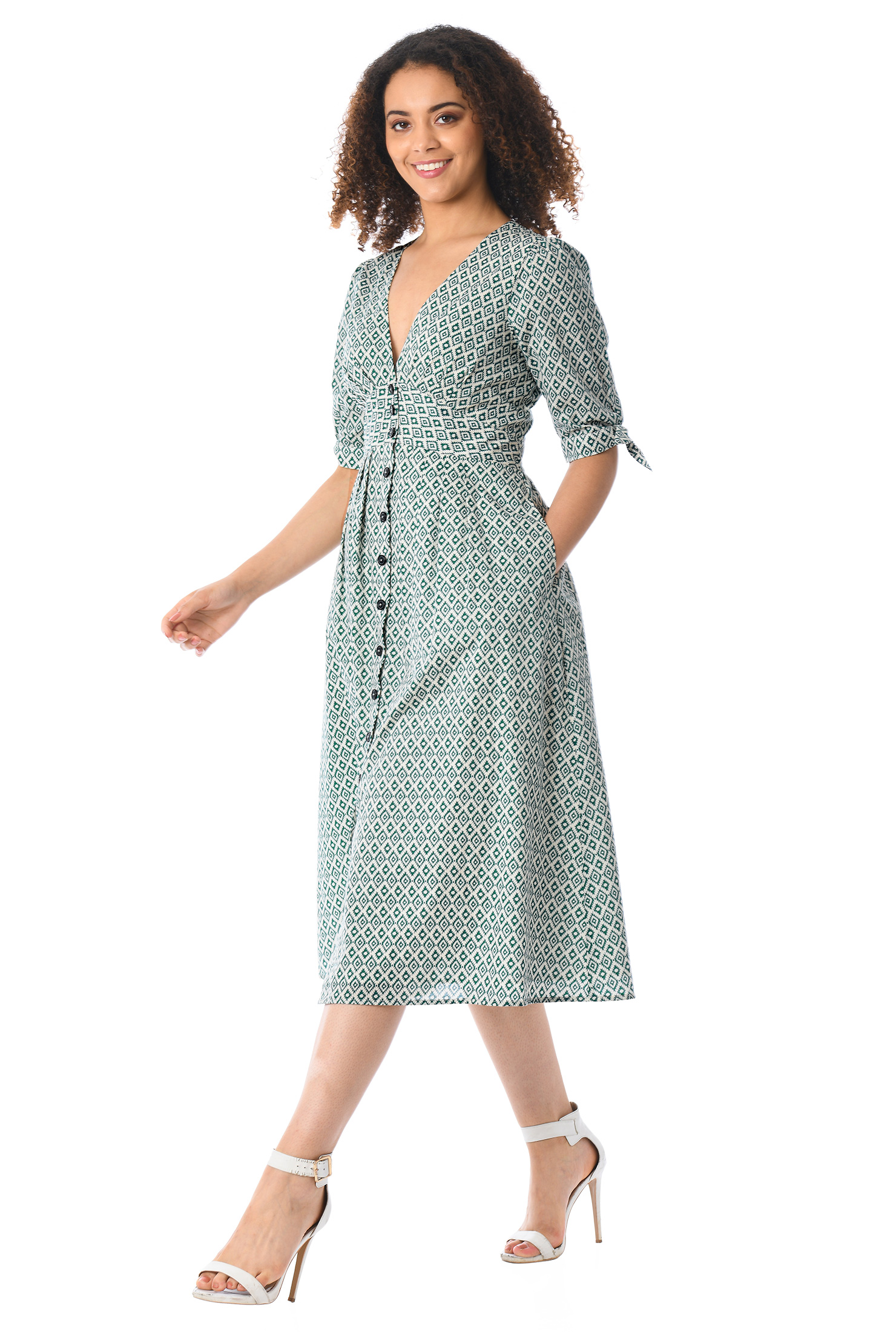 Shop Tie cuff Ikat print cotton dress eShakti