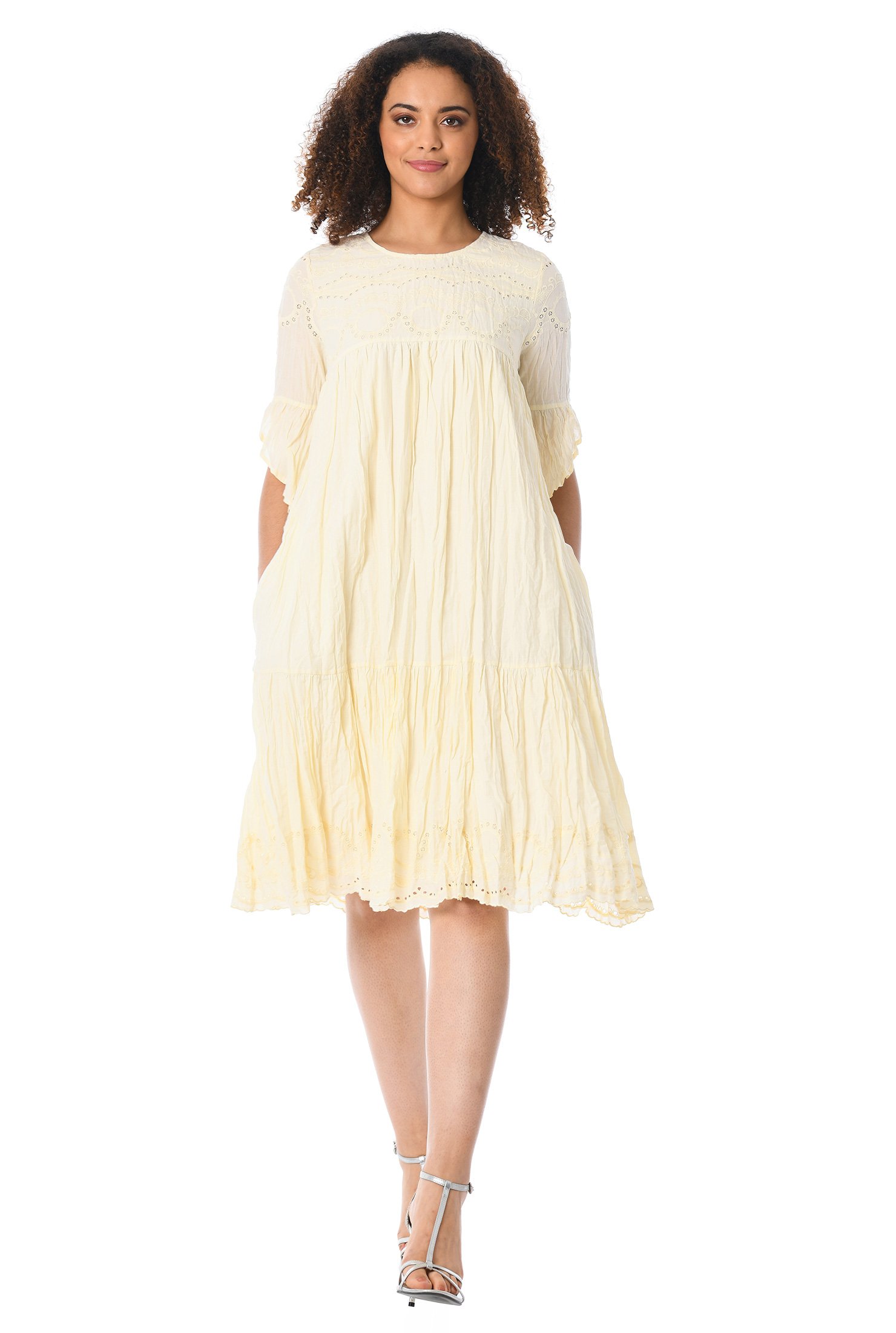 Shop Floral eyelet crinkle cotton swing dress | eShakti