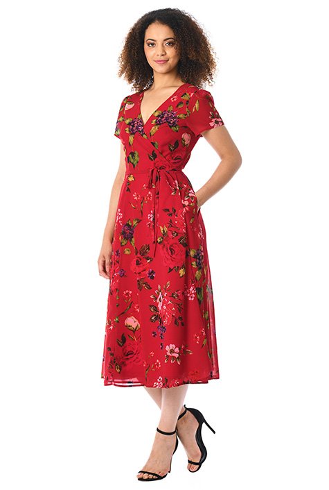 Shop Rose print georgette wrap dress | eShakti