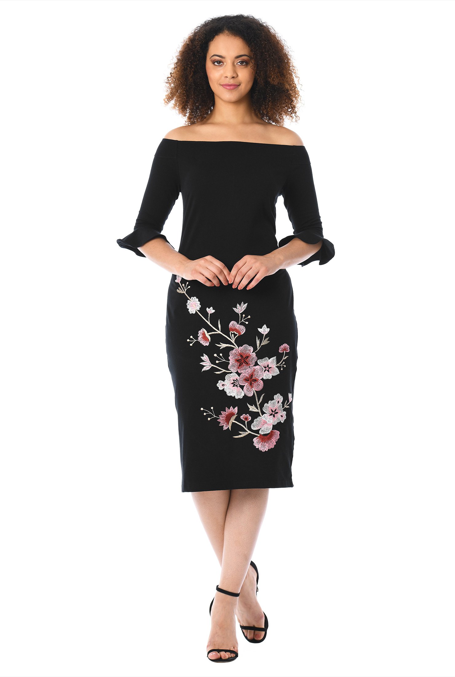 Shop Off-the-shoulder floral embellished cotton knit sheath dress | eShakti