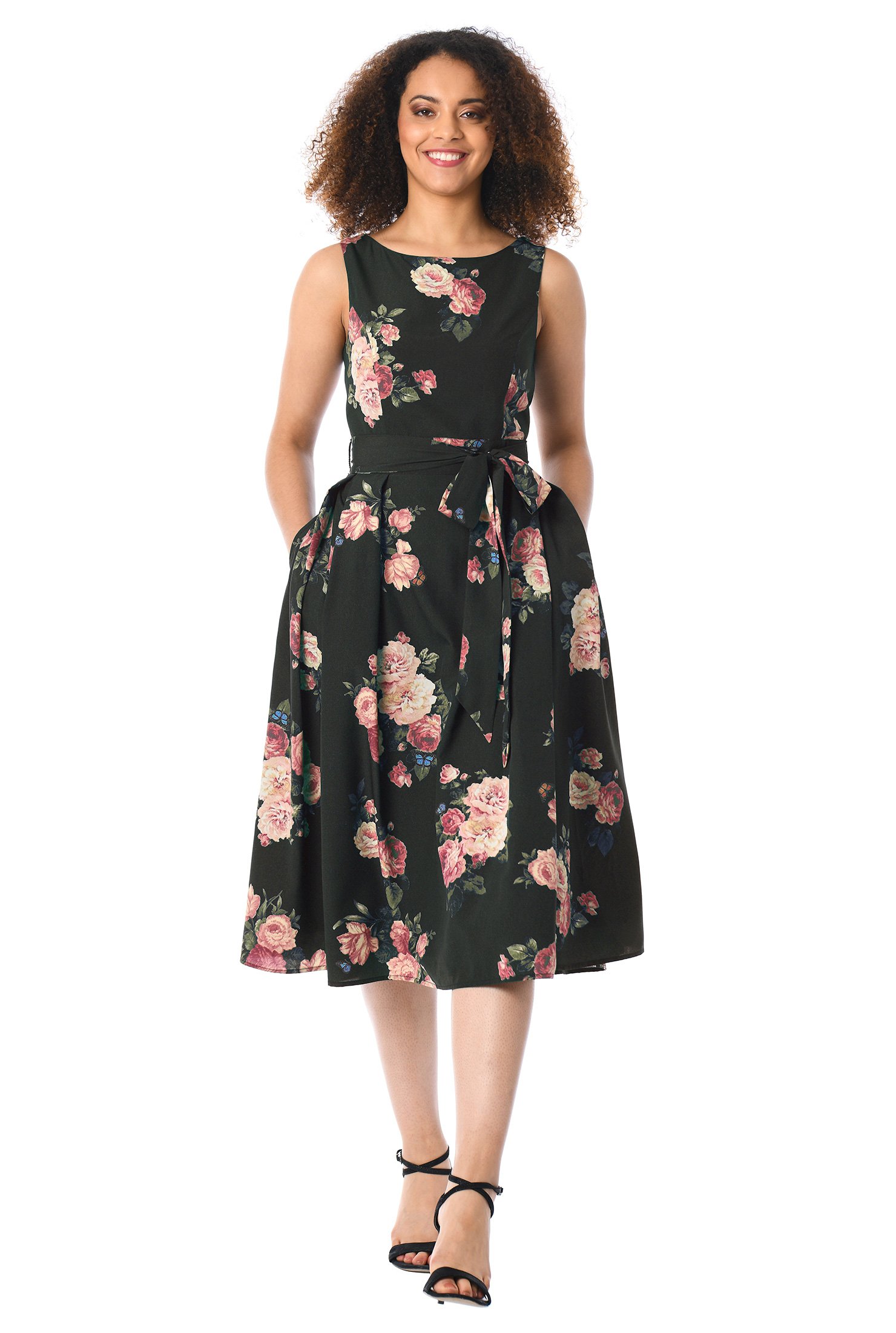 Shop Rose print crepe sash tie dress | eShakti