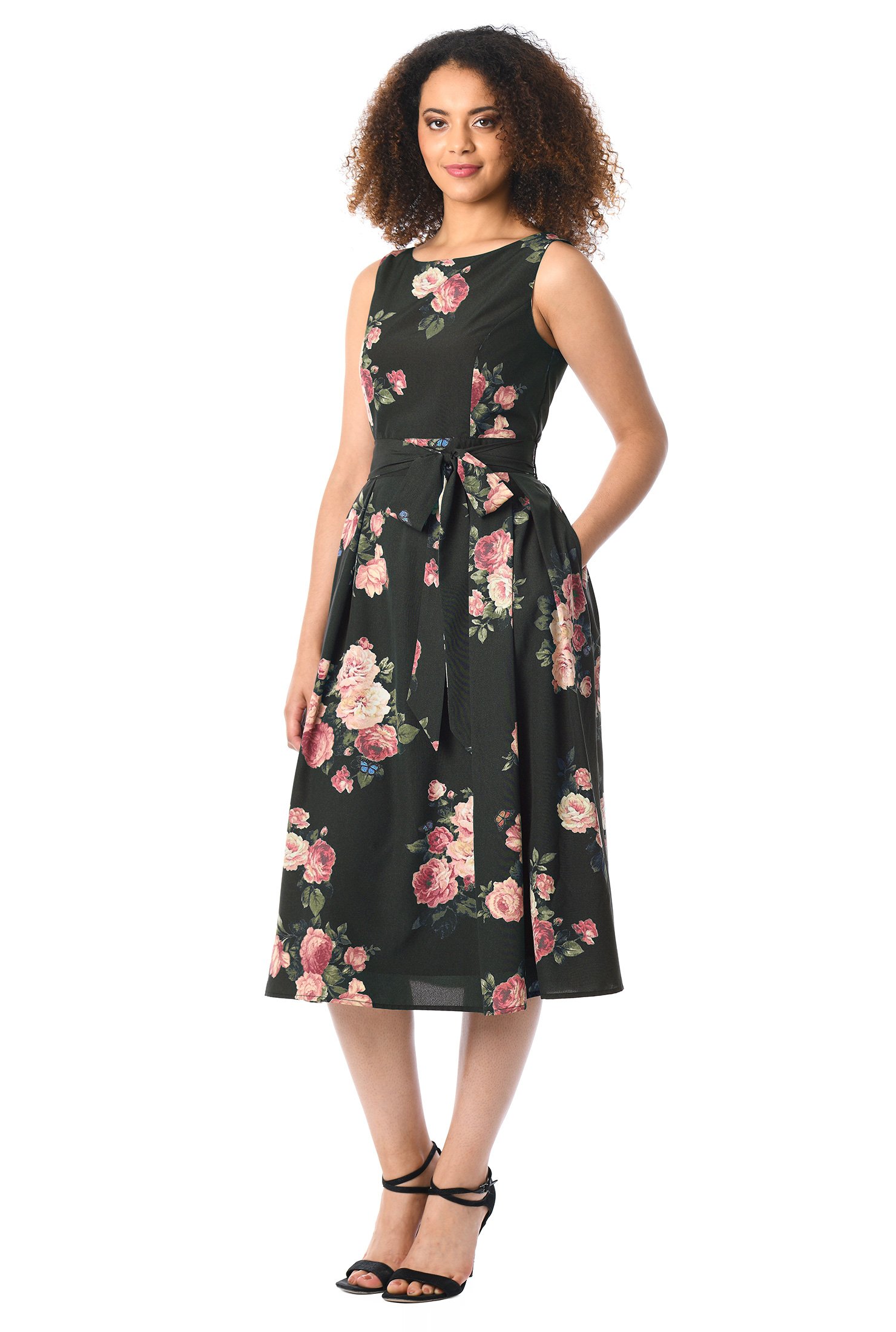 Shop Rose print crepe sash tie dress | eShakti