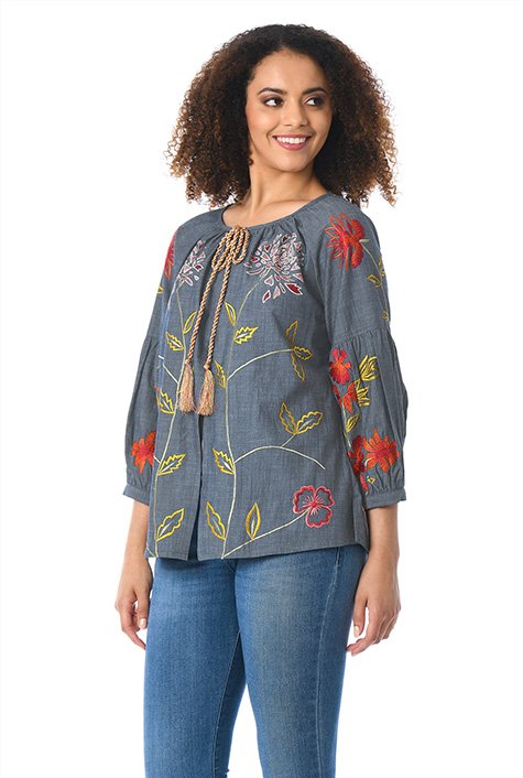 Shop Floral leaf embellished cotton chambray top | eShakti