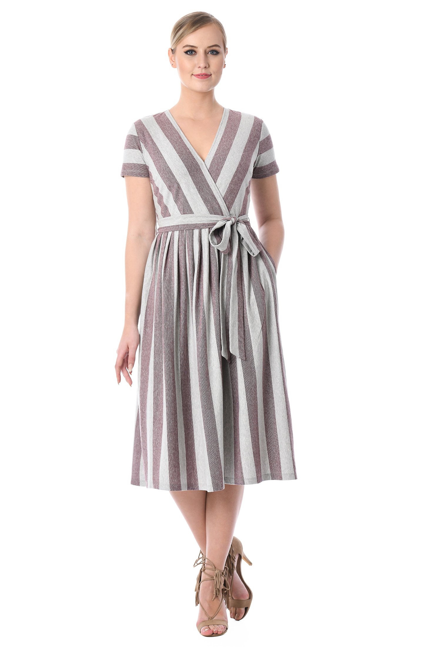 Shop Stripe cotton knit surplice dress | eShakti