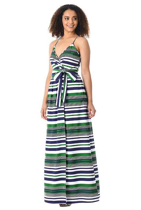 Shop Stripe print crepe faux-wrap maxi dress | eShakti