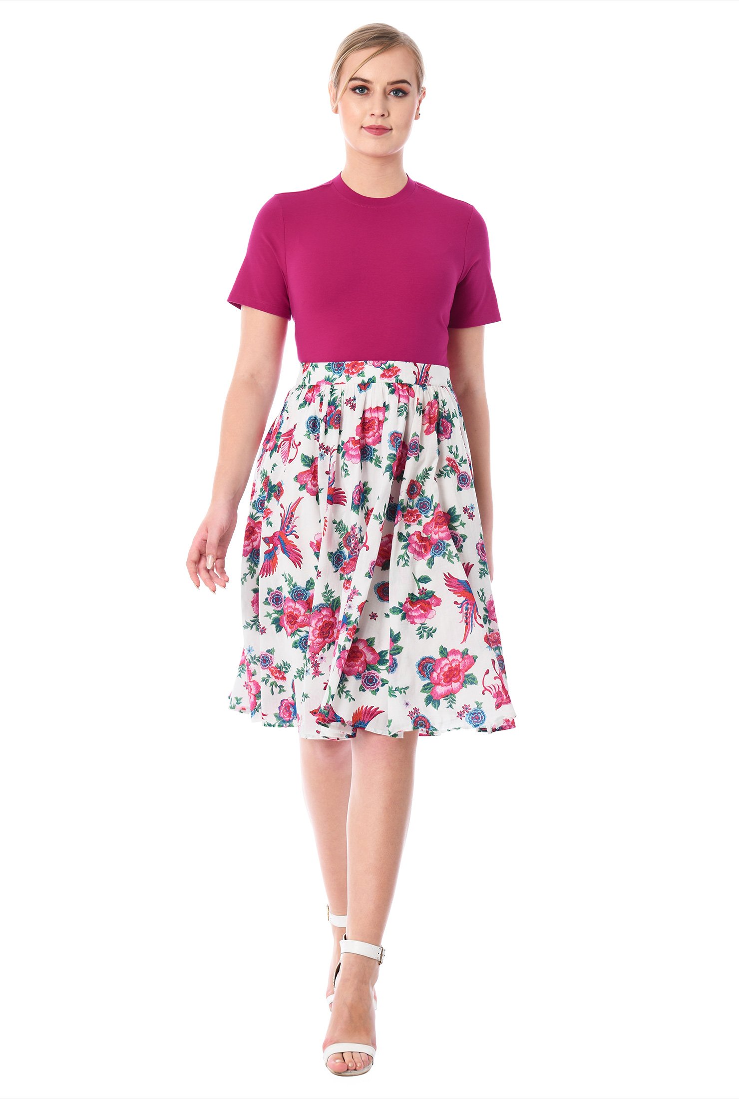 Shop Cotton knit top and floral bird print voile skirt | eShakti
