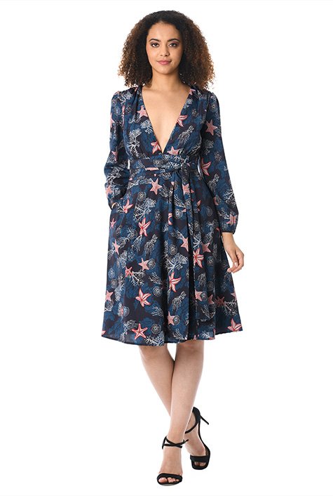 Shop Starfish print crepe plunge dress | eShakti