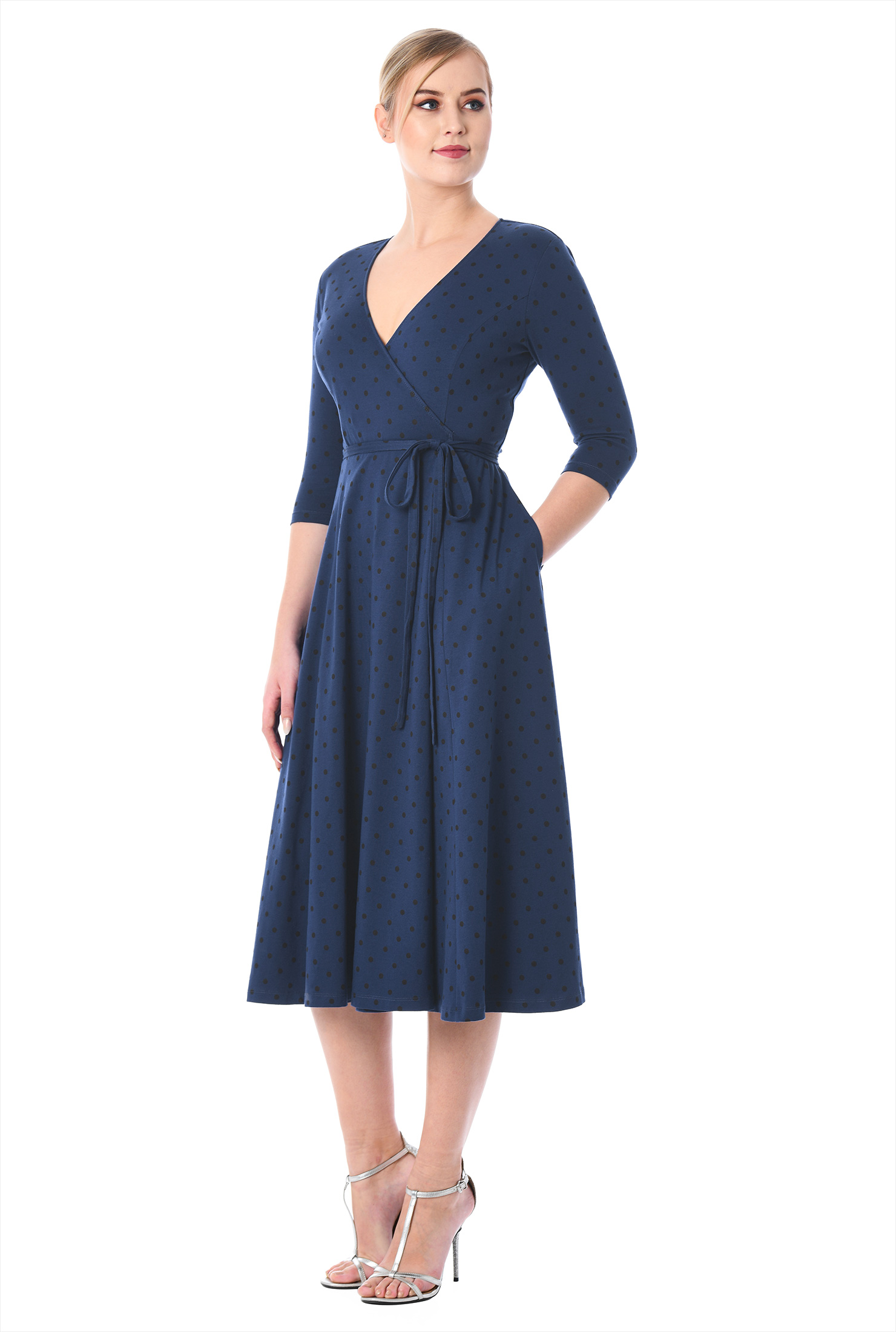 Shop Polka dot cotton knit wrap dress eShakti