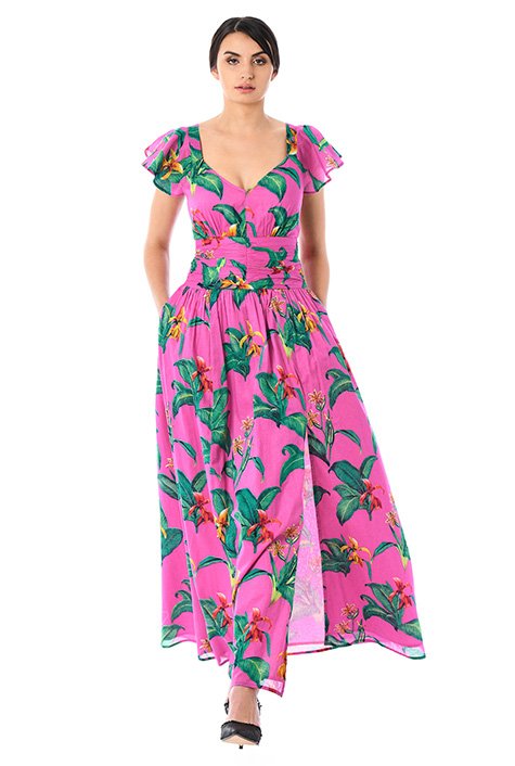 Shop Flutter sleeve tropical floral voile maxi dress | eShakti